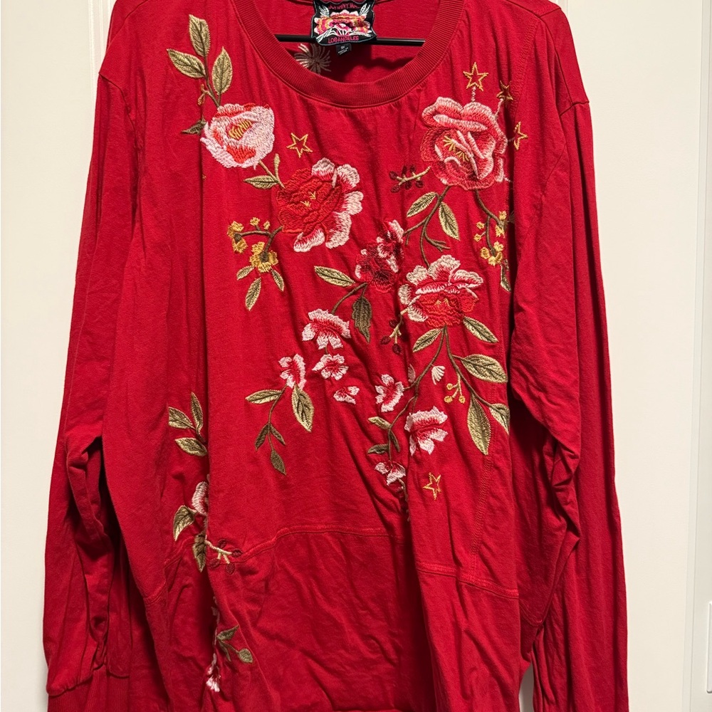 Johnny was Red Floral Embroidered Sweatshirt